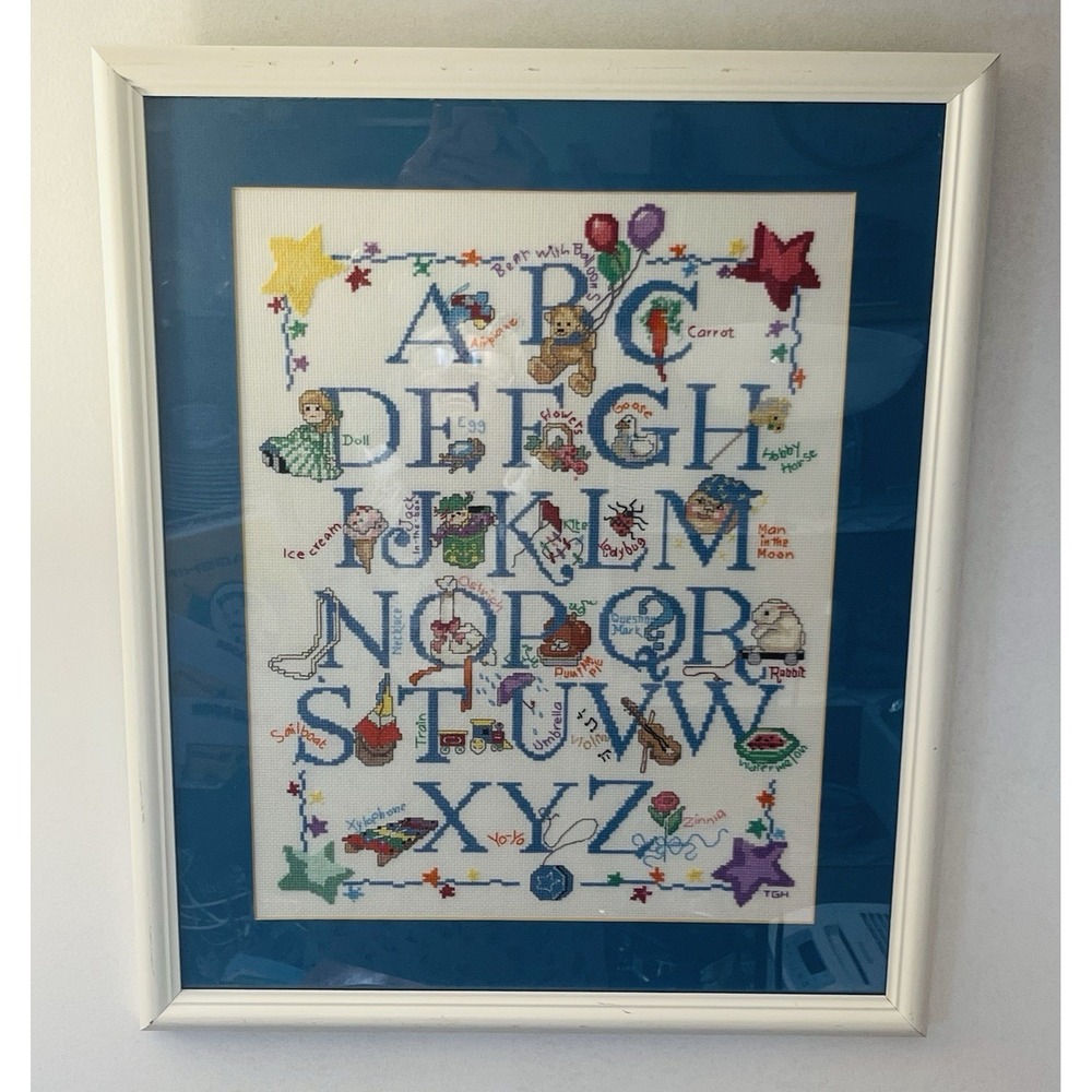 Alphabet Sampler FRAMED Matted Needlepoint Stitch Handmade Heirloom Cottage Core